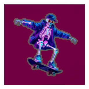 Póster Neon 3D Esqueleto de Skate – Roupas de Rua Diverti