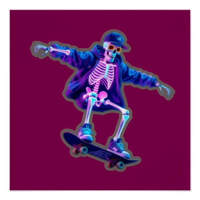 Póster Neon 3D Esqueleto de Skate – Roupas de Rua Diverti (Frente)