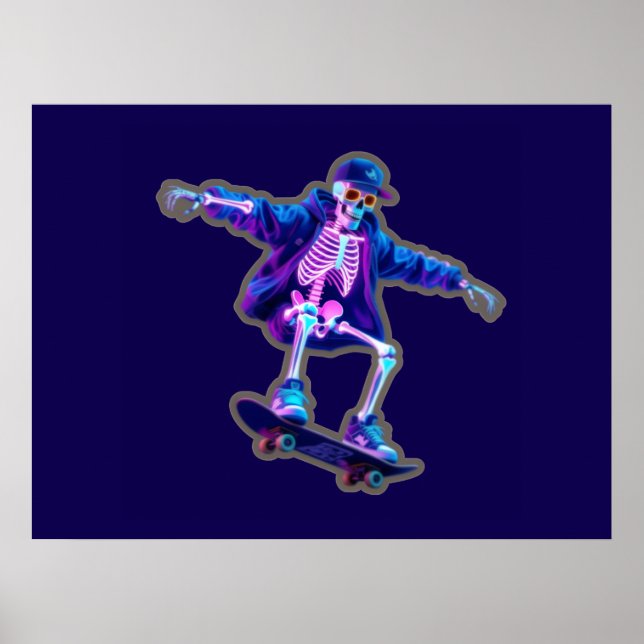 Poster Neon 3D Skeleton Skateboarding – Funny Streetwear  (Frente)