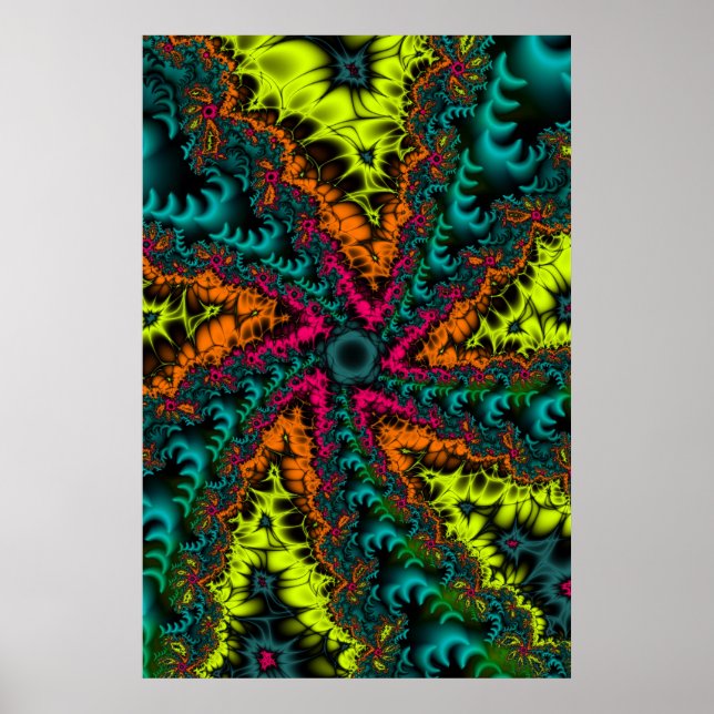 Póster Neon | Arte Fractal Azul e Laranja (Frente)