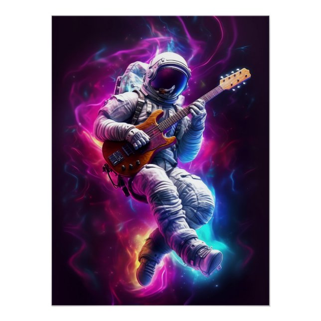 Póster Neon Astronauta Tocando Violão em Galáxia (Frente)