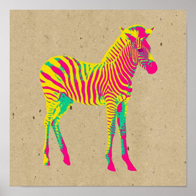Póster Neon Baby Zebra Psicodélica Rosa Amarelo e Verde (Frente)