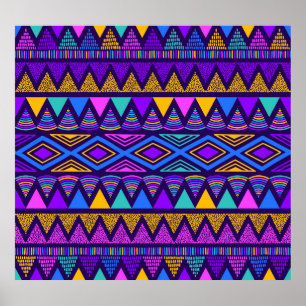 Poster Neon Blue: Padrão Navajo Tribal