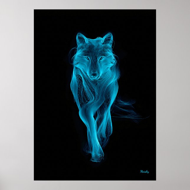Poster Neon Blue Wolf Futuristic Filament Wall Art (Frente)