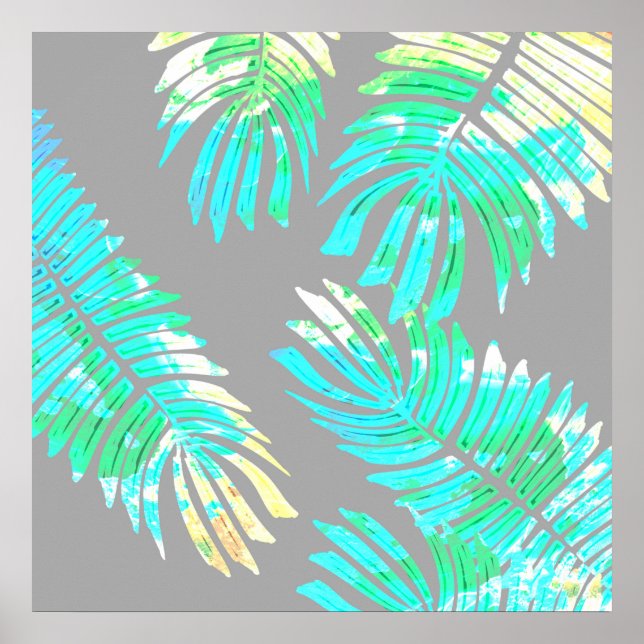 Poster Neon Botanical Leaves na Cinza (Frente)