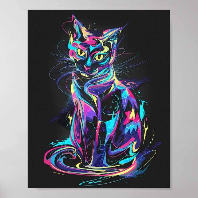 Poster Neon Cat no Movimento Abstrato (Frente)