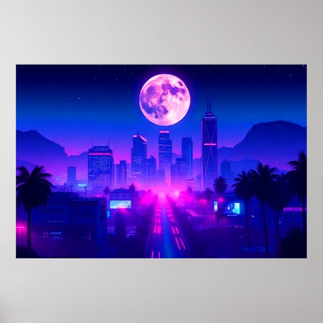 Poster Neon City Synthwave Sunset XL Area Rug (Frente)