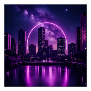 Póster Neon Cyberpunk Cityscape - Roxo futurístico