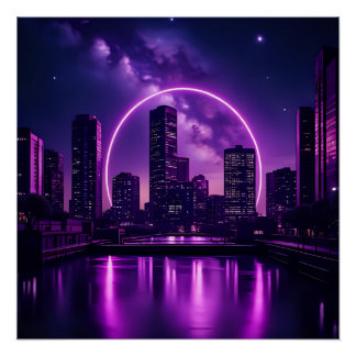 Póster Neon Cyberpunk Cityscape - Roxo futurístico
