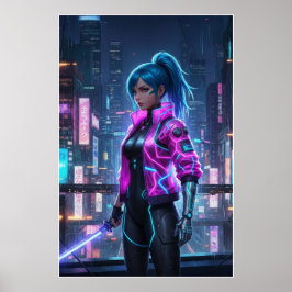 Poster Neon Cyberpunk Girl | Futuristic City Warrior