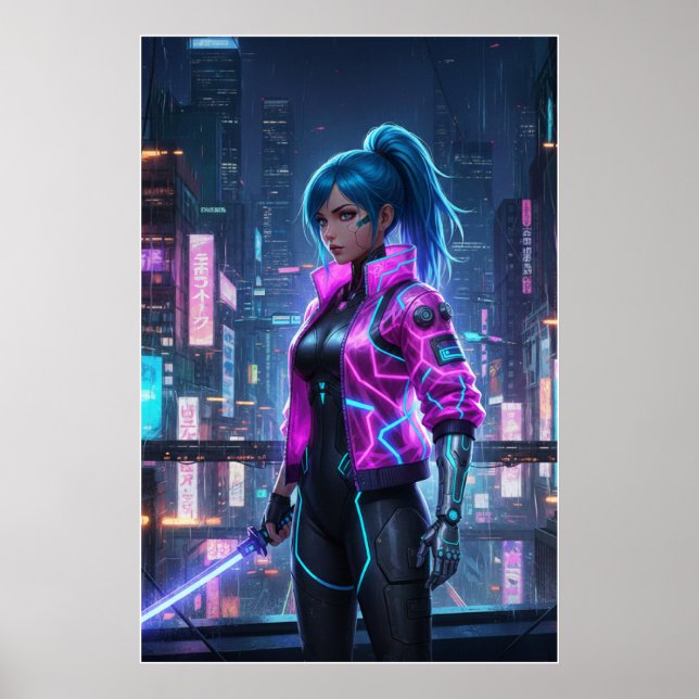 Poster Neon Cyberpunk Girl | Futuristic City Warrior (Frente)