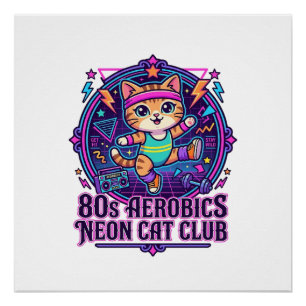 Póster Neon do Gato dos Anos 80 Aeróbica - Design Diverti