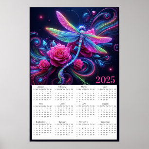 Poster Neon Dragonfly e Rosas 2025 Calendar
