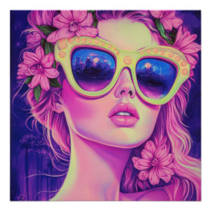 Póster Neon Dream Girl com óculos de sol florais
