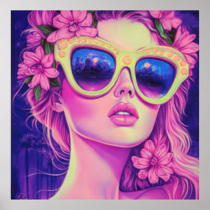 Poster Neon Dream Girl com óculos de sol florais