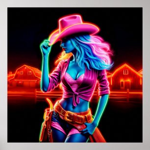 Poster Neon fantasiosa vaqueira no rancho brilhante