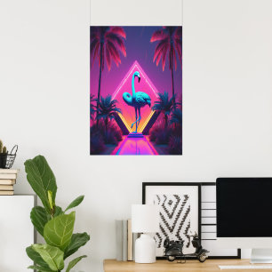 Poster Neon Flamingo Palm Trees Vaporwave Aestético