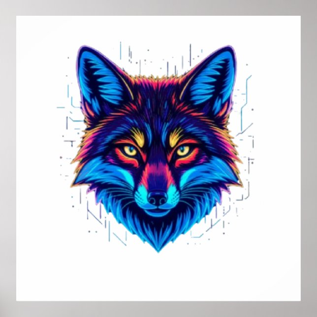 Poster Neon Fox Face – Vibrant Glowing Design (Frente)