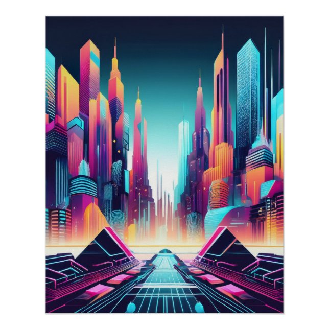 Póster Neon Futurística Cyber City Art (Frente)