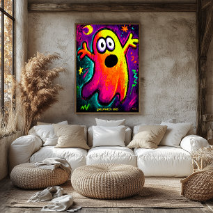 Poster Neon Ghost - Pop de Cartoon Vibrante no Halloween