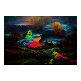 Póster Neon Ghosts em uma paisagem fantasia assombrada