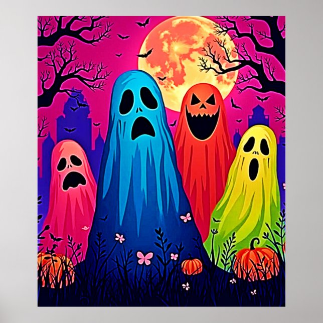 Poster Neon Ghosts Halloween Party Design (Frente)