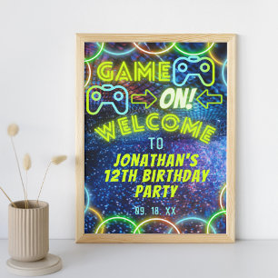 Poster Neon Glow Boys Game On Gaming Party - Sinal De Boa