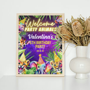 Poster Neon Glow Festa Safari Colorida Bem-Vindo
