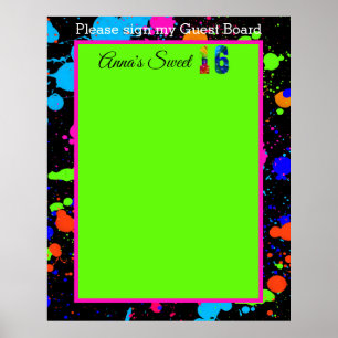 Poster Neon Glow Paint Splatter Sweet 16 Conselho convida
