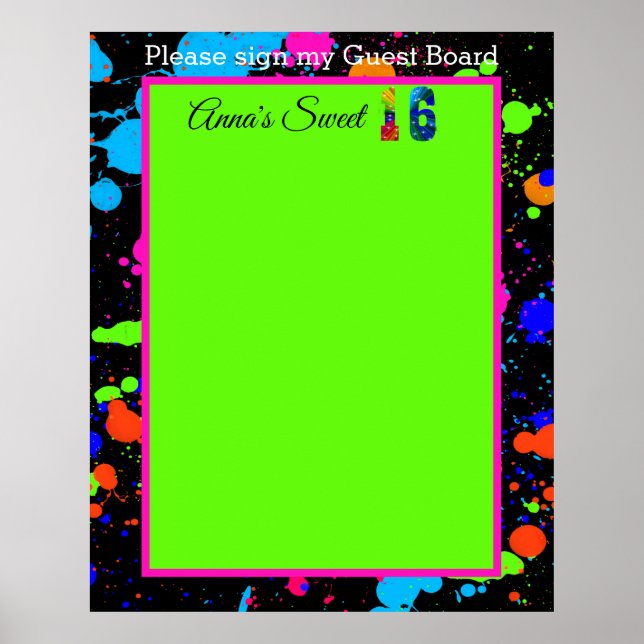Poster Neon Glow Paint Splatter Sweet 16 Conselho convida (Frente)