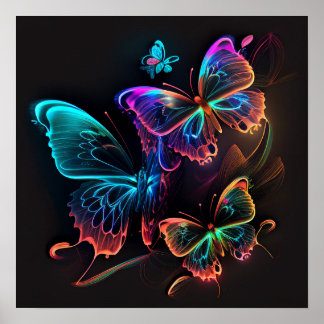 Poster Neon Glowers Butterflies