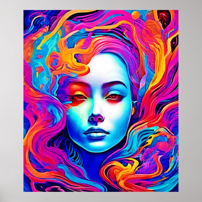 Poster Neon Goddese com Cabelo Cosmico Fluindo (Frente)