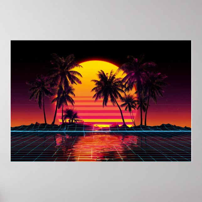 Poster Neon Grid Palm Sunset (Frente)