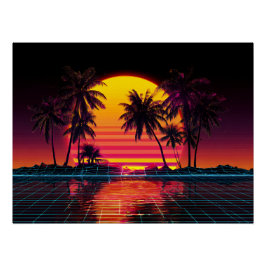 Póster Neon Grid Palm Sunset