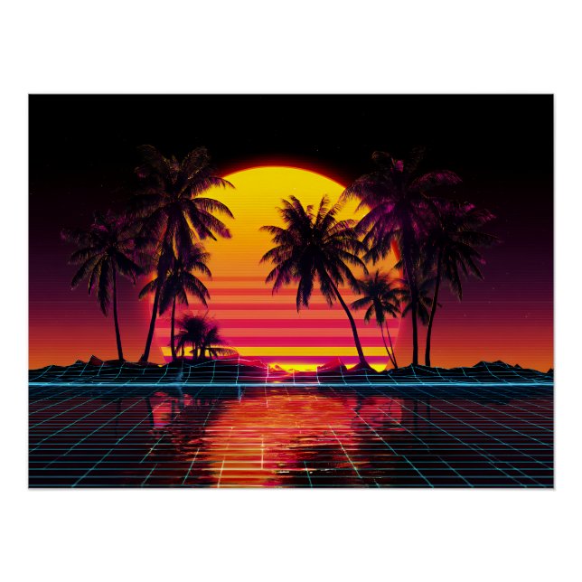 Póster Neon Grid Palm Sunset (Frente)