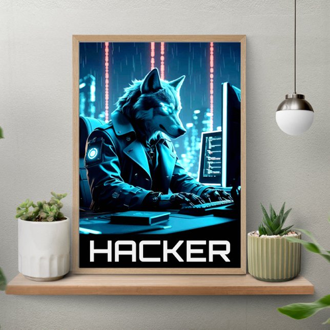 Poster Neon Hacker Wolf Cyberpunk Style (Criador carregado)