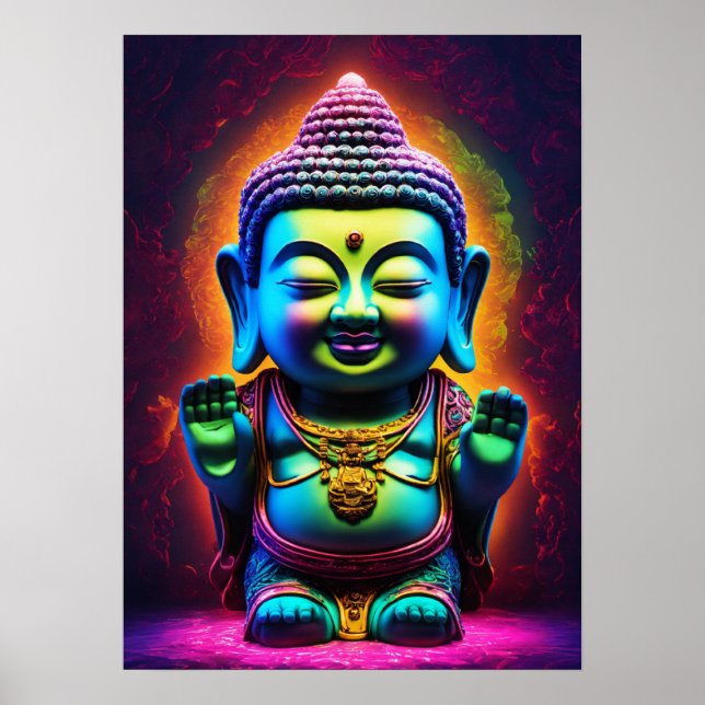 Poster Neon Harmonia: Buda 3D Adorável em Vidro (Frente)