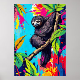 Poster Neon Jungle Sloth - Arte Animal Colorido