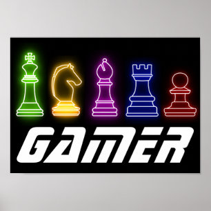 Poster Neon Lights Gamer Chess Pieds Chess King