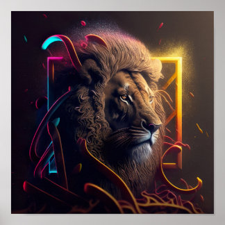 Poster Neon Lion - Estilo de Grafite Motivativo Ca Realis
