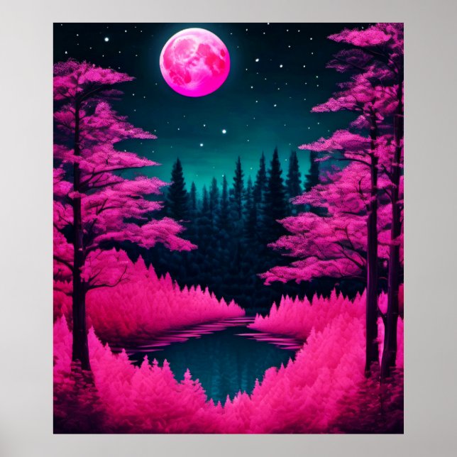 Poster Neon Moonlit Forest Fantasy Art (Frente)