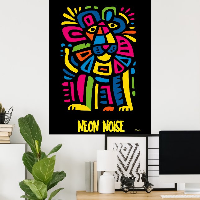 Poster Neon Noise Lion - Arte Tribal Abstrato (Escritório em casa)