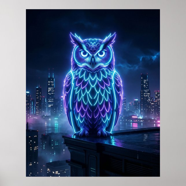 Poster Neon Owl Midnight Skyline (Frente)