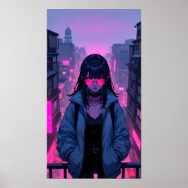 Poster Neon Pink Cyberpunk Girl City Portrait