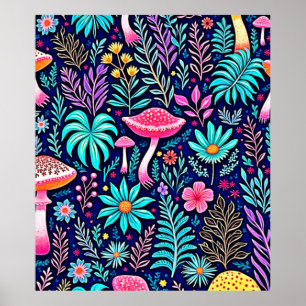 Poster Neon Psychedelic Mushroom Forest Dream