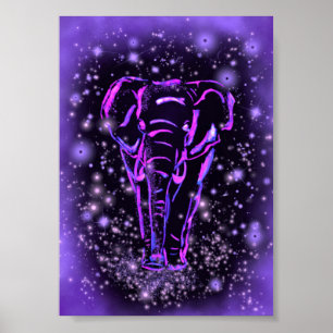 Poster Neon Purple Elephant Andando À Noite Estrelada 