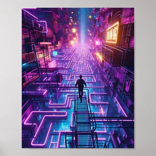 Poster Neon Purple Urban Maze - Dystopian City Labyrinth (Frente)