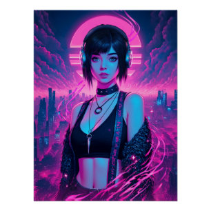 Póster Neon Retro Cyber Punk Rock Girl Poster