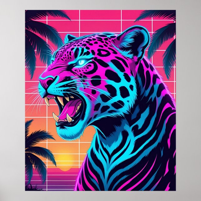 Poster Neon Retro Jaguar - Vibrante Synthwave 80s Animal  (Frente)