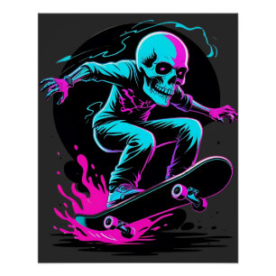 Póster Neon Skull Skateboard Art - Edgater Skater Design